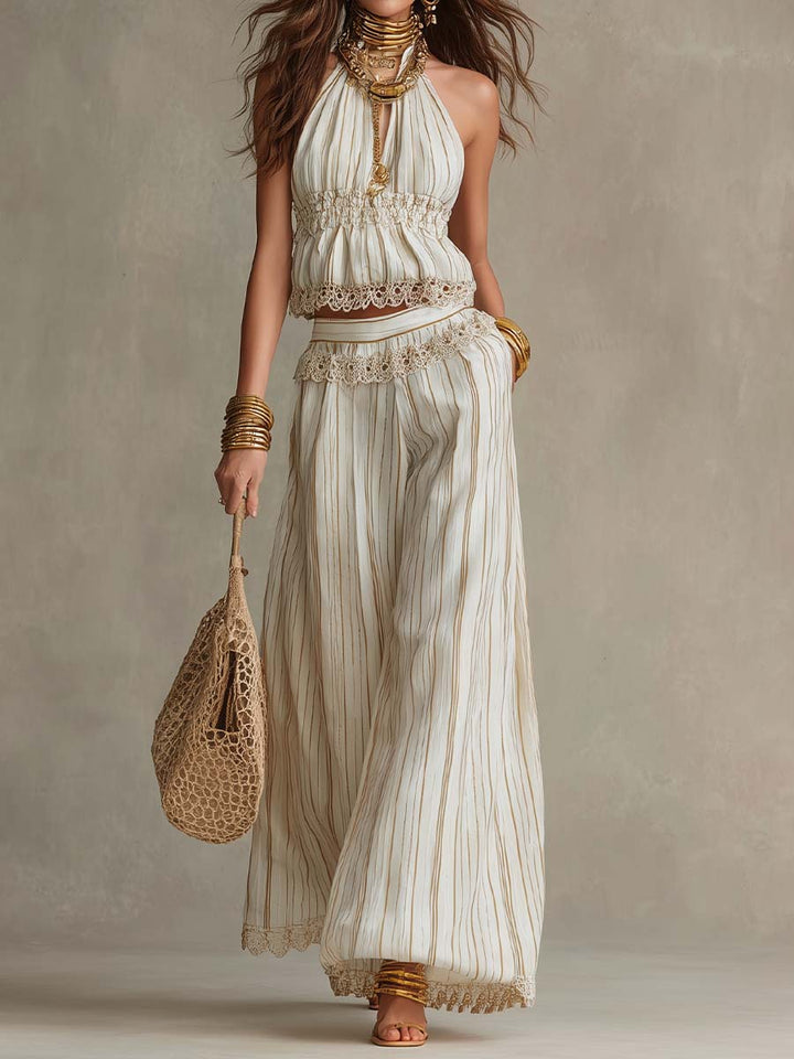 White Striped Lace-Paneled Top and Wide-Leg Pants Set