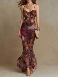 Romantic Floral-Print Ruched Stretch Mesh Maxi Dress