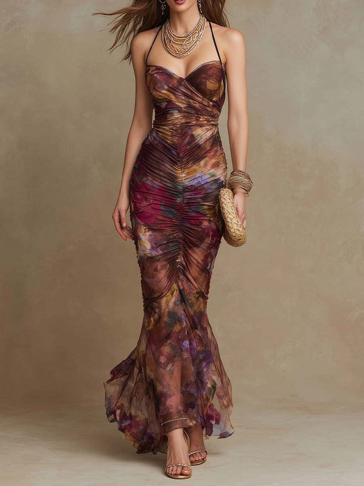 Romantic Floral-Print Ruched Stretch Mesh Maxi Dress