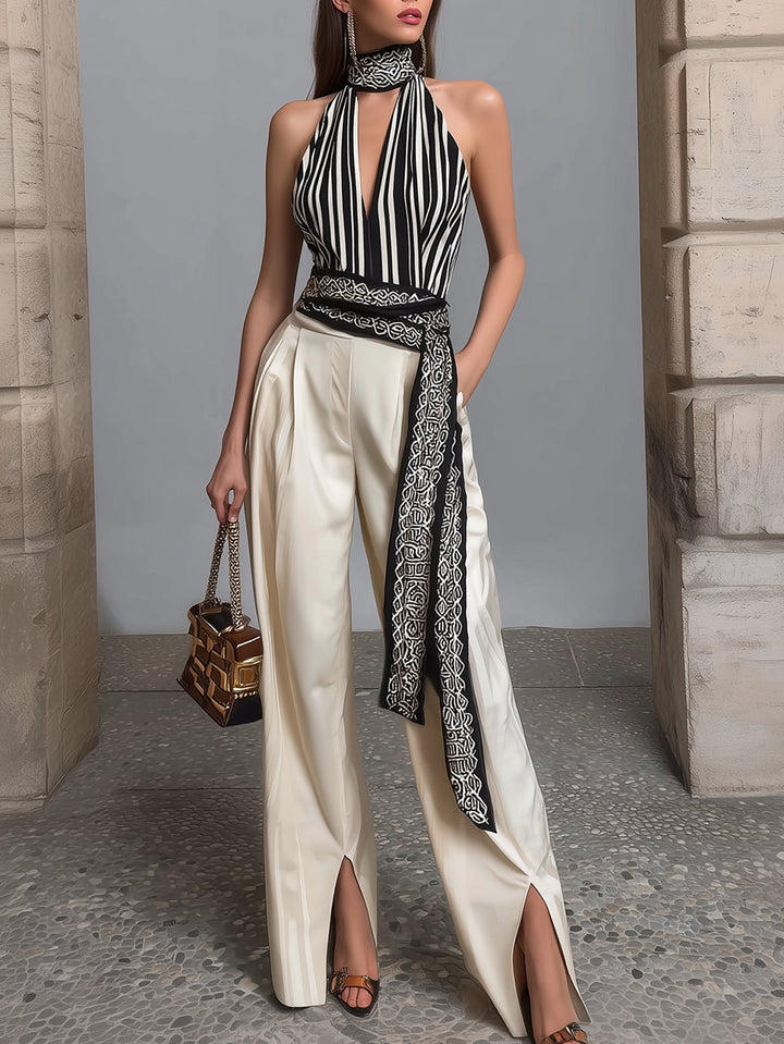 Striped Halter Top And Wide Leg Pants Set