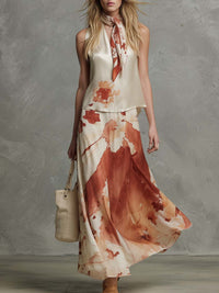Elegant V-Neck Watercolor-Print Satin Top And Maxi Skirt Set