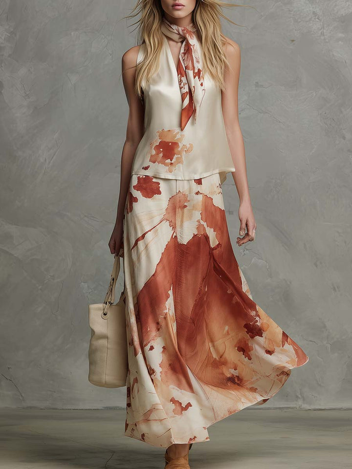 Elegant V-Neck Watercolor-Print Satin Top And Maxi Skirt Set