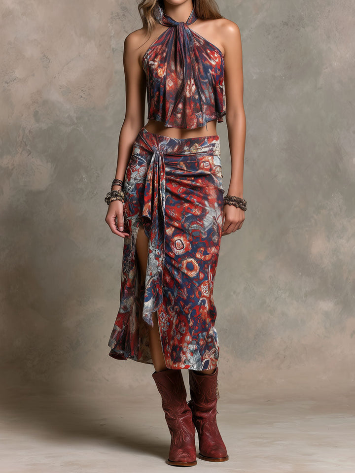 Boho Print Halter Top & Tie-Waist Midi Skirt Two-Piece