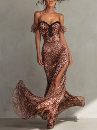 Pink Off Shoulder Leopard Print Chiffon Dress