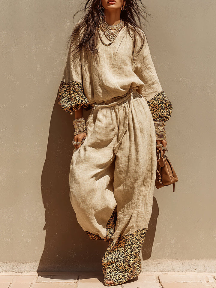 Casual Leopard Print Patchwork Top And Pants Two-Piece Set