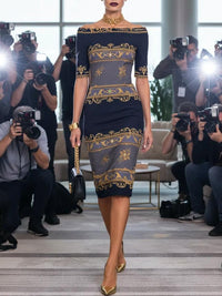 Baroque-Print Off-Shoulder Wrap Midi Dress