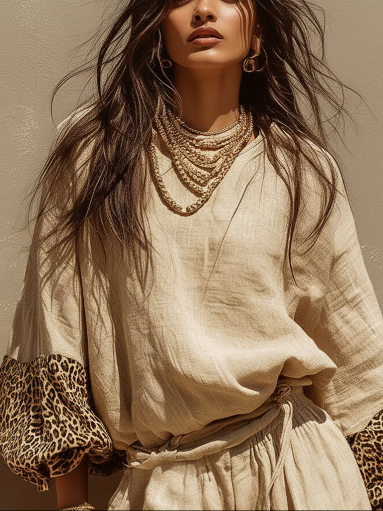 Casual Leopard Print Patchwork Top And Pants Two-Piece Set