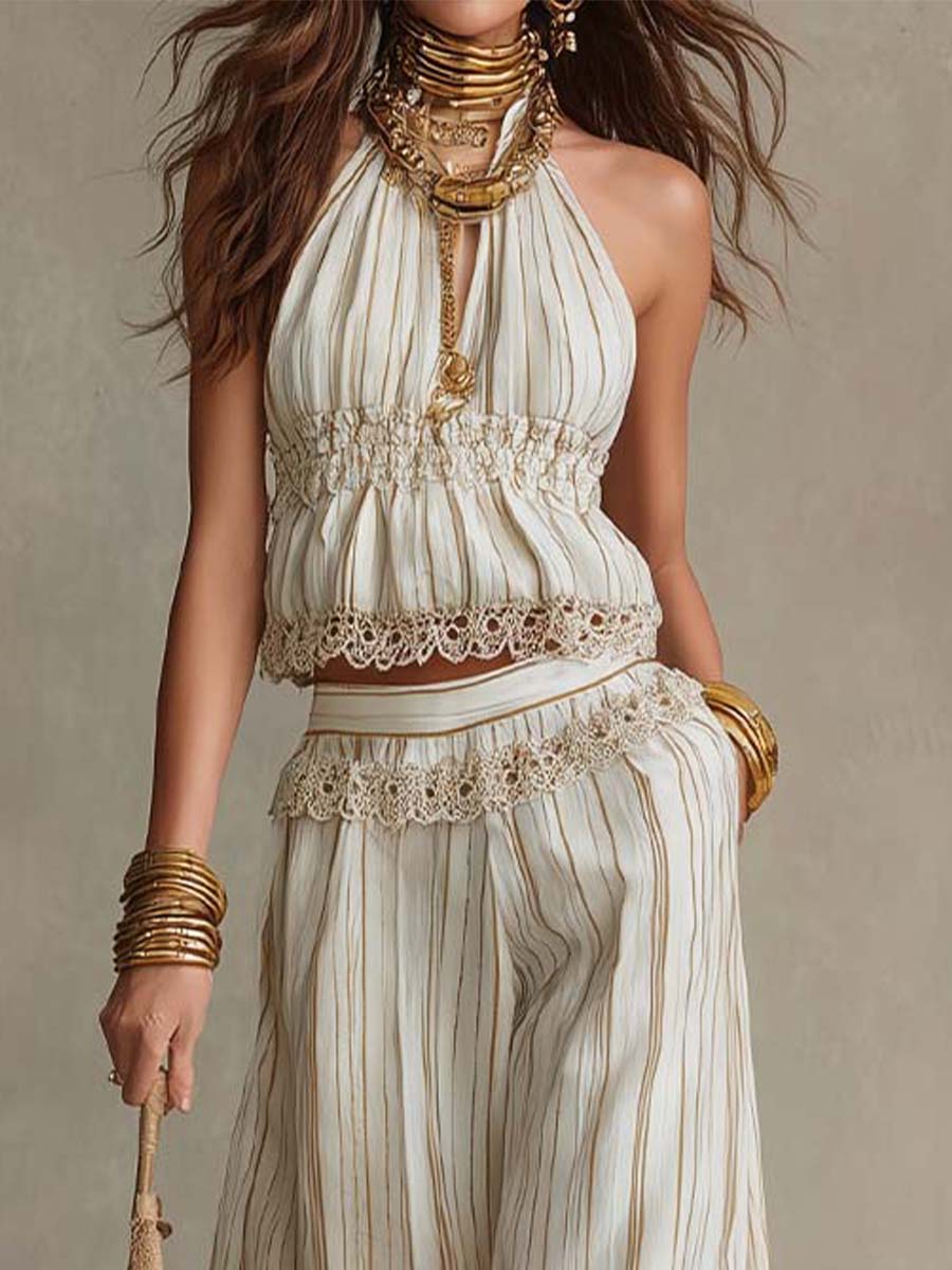 White Striped Lace-Paneled Top and Wide-Leg Pants Set