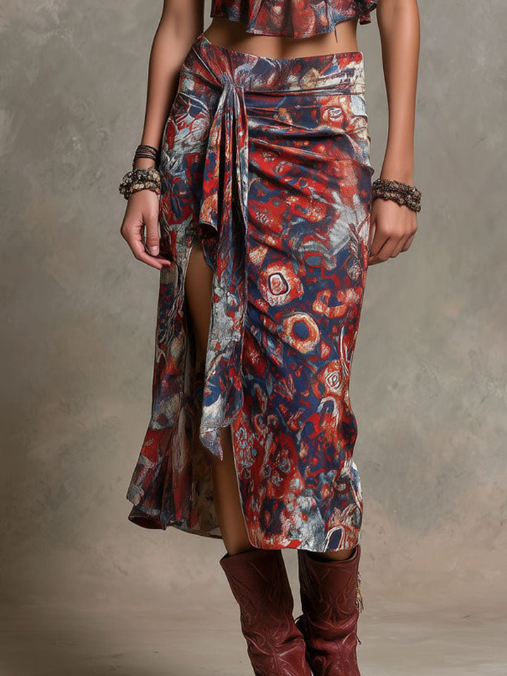 Boho Print Halter Top & Tie-Waist Midi Skirt Two-Piece