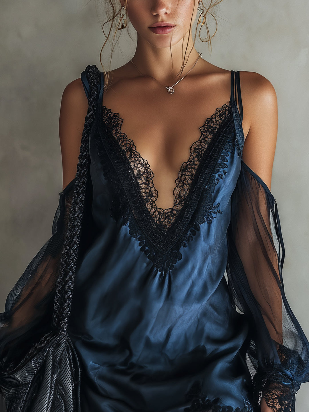 Blue Satin V-Neck Lace Mini Dress