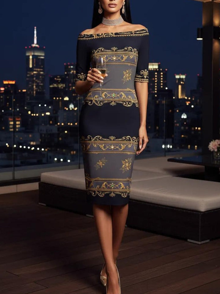 Baroque-Print Off-Shoulder Wrap Midi Dress