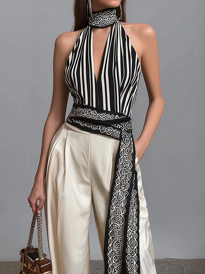Striped Halter Top And Wide Leg Pants Set