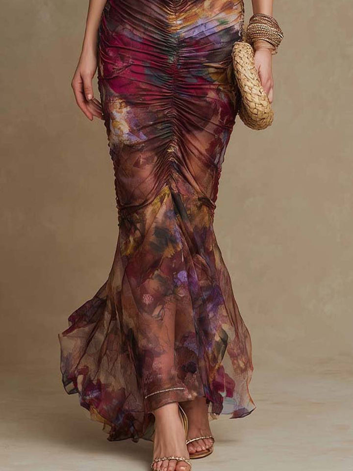 Romantic Floral-Print Ruched Stretch Mesh Maxi Dress