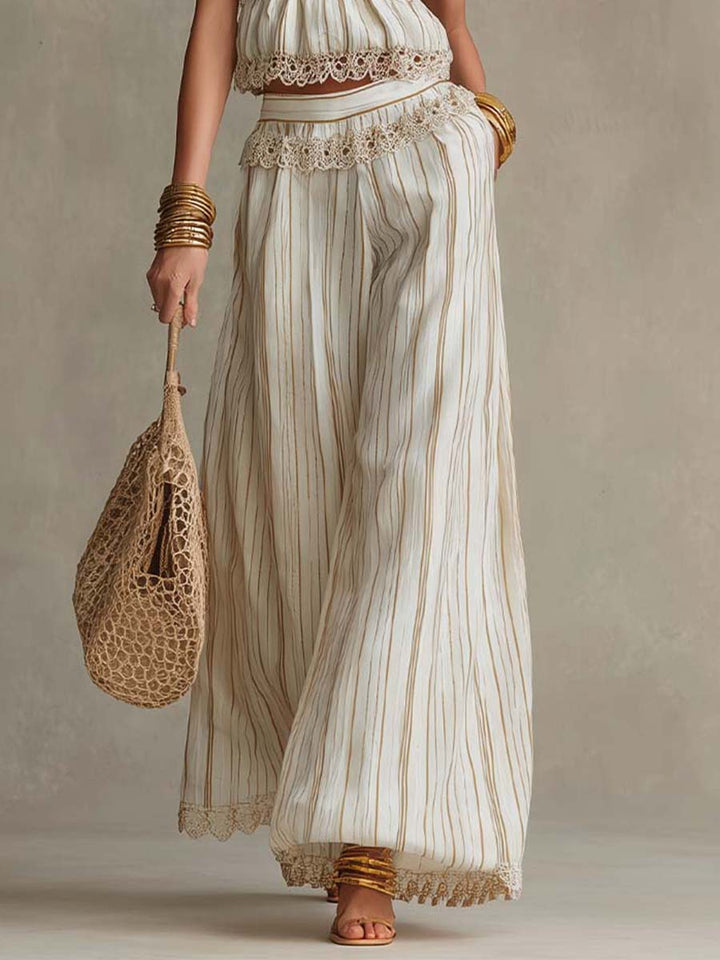 White Striped Lace-Paneled Top and Wide-Leg Pants Set