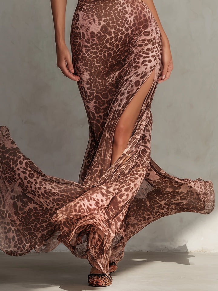 Pink Off Shoulder Leopard Print Chiffon Dress