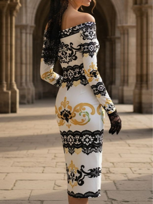 White Baroque-Print Off-the-Shoulder Midi Dress