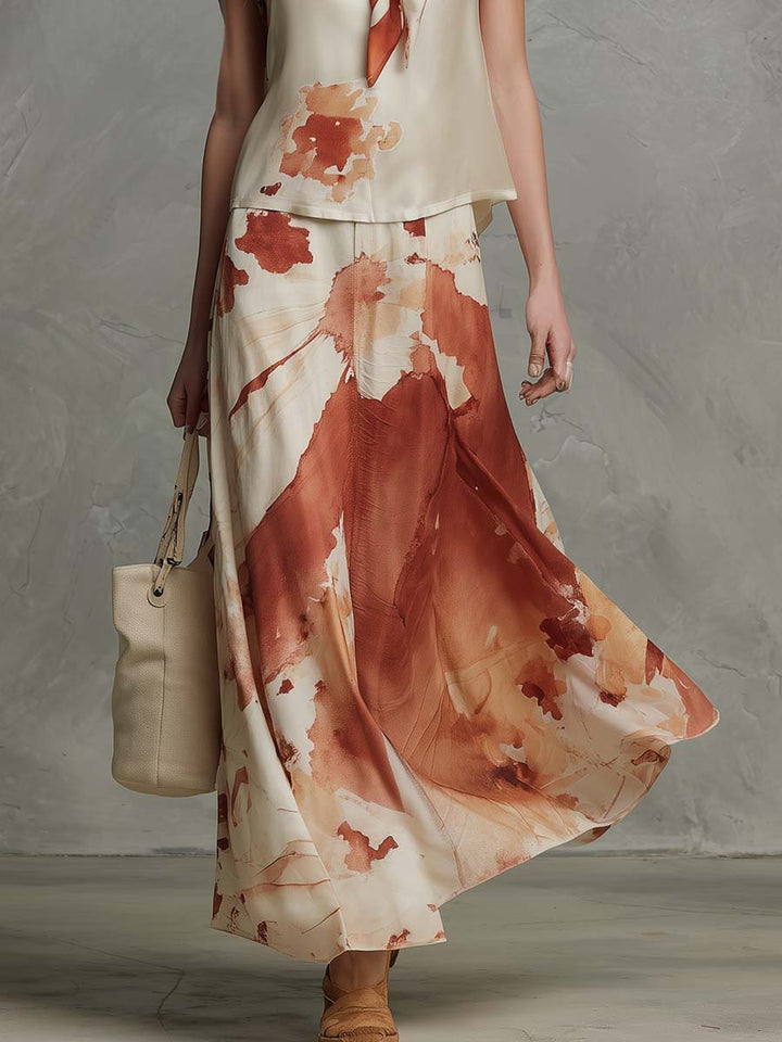 Elegant V-Neck Watercolor-Print Satin Top And Maxi Skirt Set