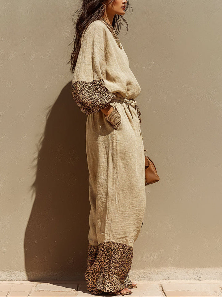 Casual Leopard Print Patchwork Top And Pants Two-Piece Set