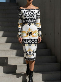 White Baroque-Print Off-the-Shoulder Midi Dress