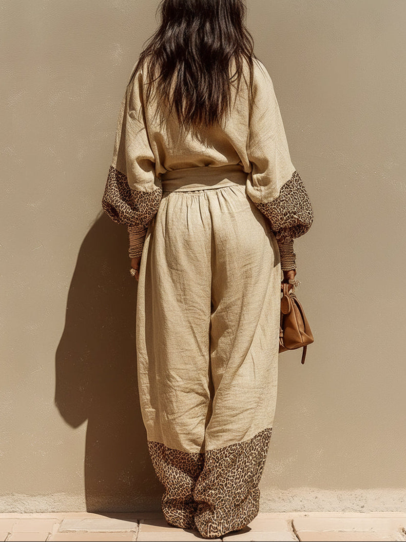 Casual Leopard Print Patchwork Top And Pants Two-Piece Set