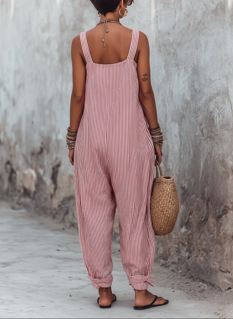 Minimalist Striped Square-Neck Sleeveless Jumpsuit