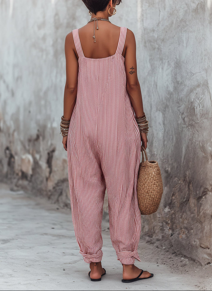 Minimalist Striped Square-Neck Sleeveless Jumpsuit