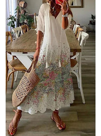 Casual Loose V-neck Printed  Long Dress