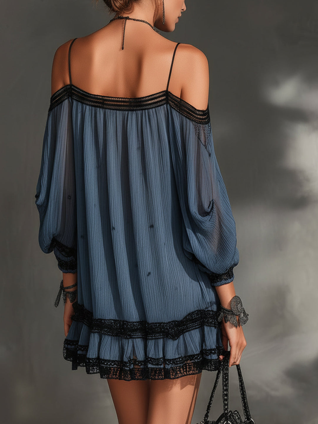 Blue Off-Shoulder Lace Trim Chiffon Mini Dress