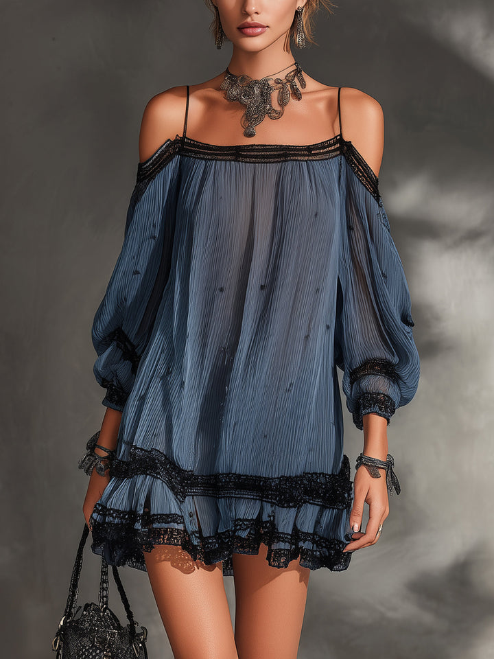 Blue Off-Shoulder Lace Trim Chiffon Mini Dress