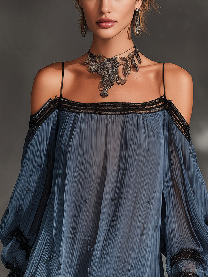 Blue Off-Shoulder Lace Trim Chiffon Mini Dress