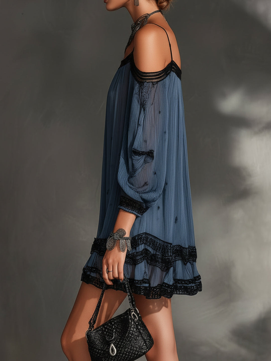 Blue Off-Shoulder Lace Trim Chiffon Mini Dress