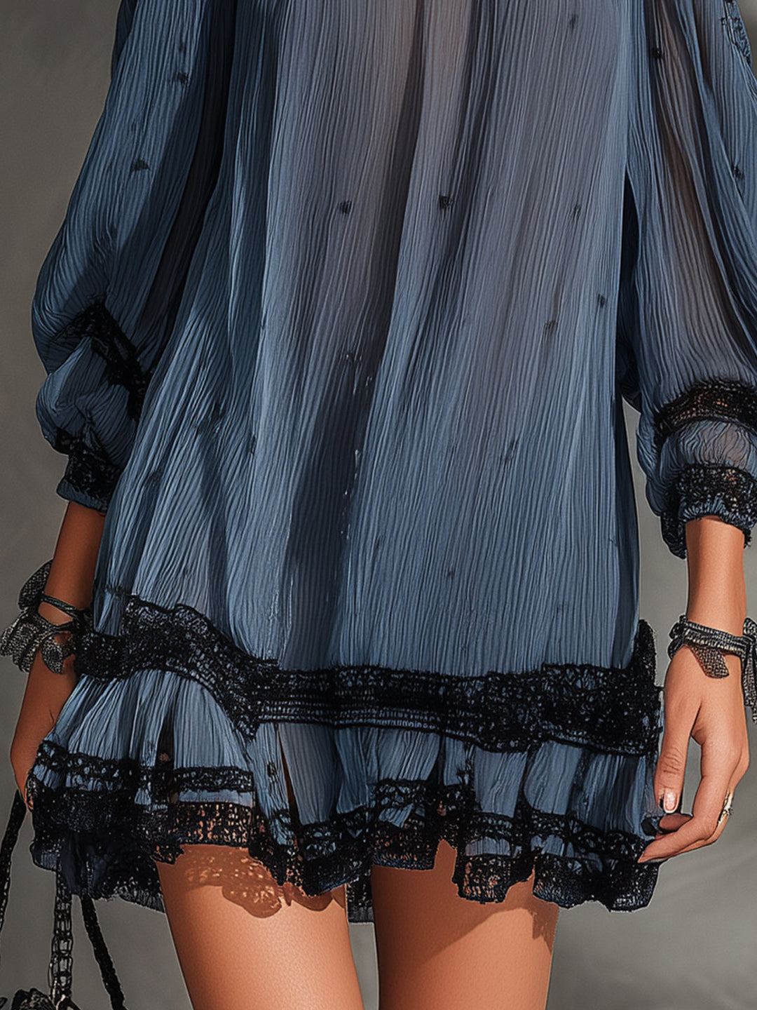Blue Off-Shoulder Lace Trim Chiffon Mini Dress