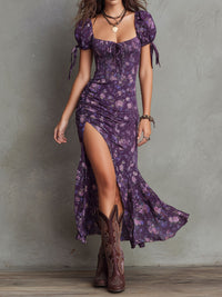 Boho Smocked Floral Puff-Sleeve Midi Dress