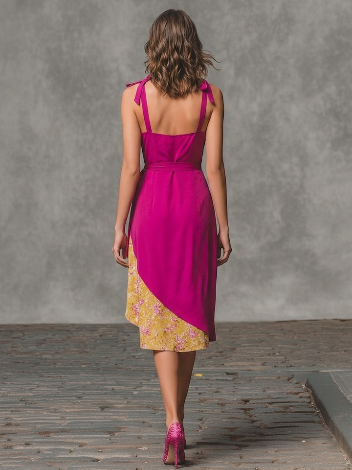 Fuchsia Contrast Floral Bust Wrap Midi Dress
