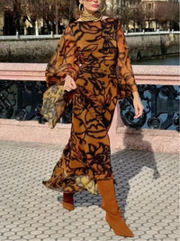 Brown long printed dress with wide sleeves