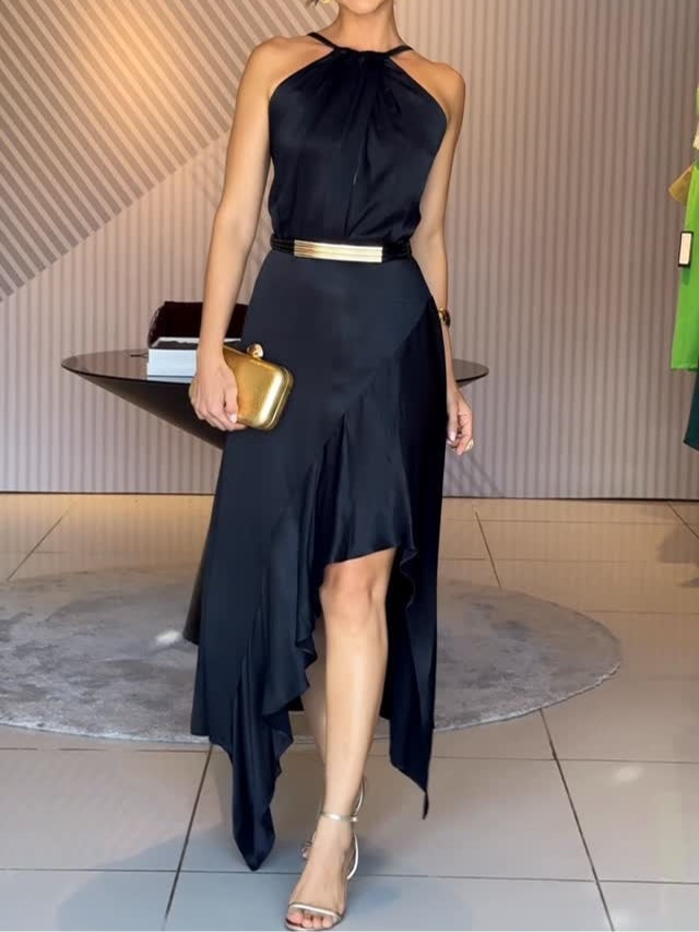 Elegant Black Satin Halter Midi Dress (Belt Included)