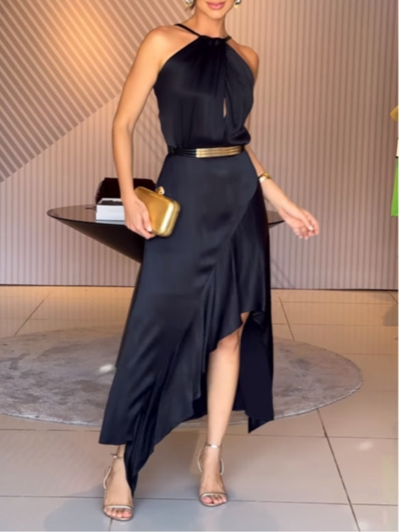 Elegant Black Satin Halter Midi Dress (Belt Included)