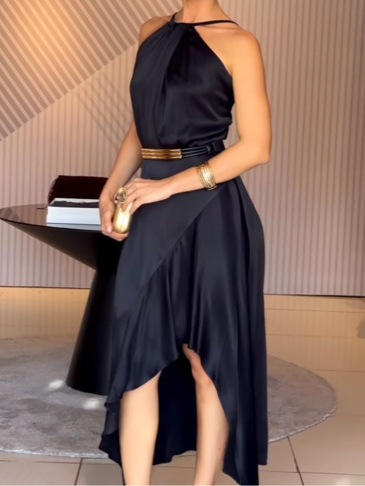 Elegant Black Satin Halter Midi Dress (Belt Included)