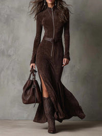 Vintage Brown Zipper Belted Maxi Dress（Includes belt）
