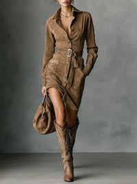 Suede Single Breasted Lapel Long Sleeve Midi Dress（Includes belt）
