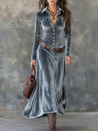 Gray Velvet Lapel Metal Button-down Maxi Dress( (with belt)