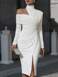 White Asymmetric Draped High-Neck One-Shoulder Midi Dress
