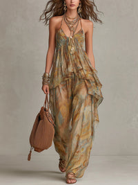 Khaki Printed Chiffon Ruffled Camisole And Wide-leg Pants Set