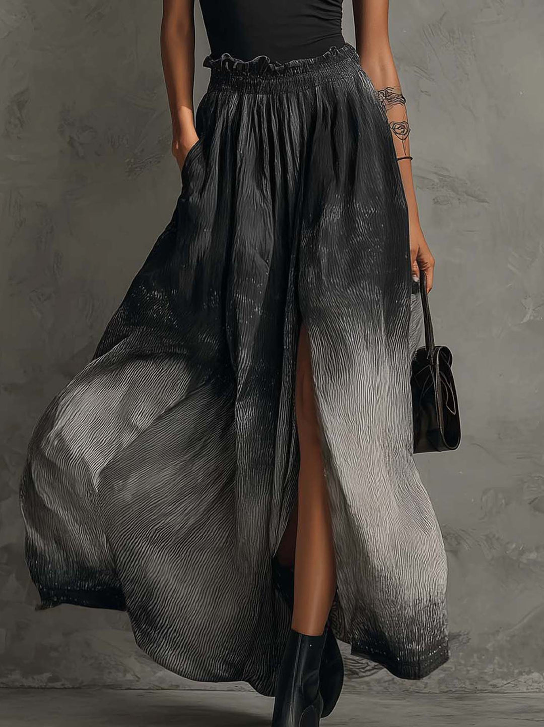 Black Off Shoulder Ruffle Top And Gradient Pleated Maxi Skirt Set