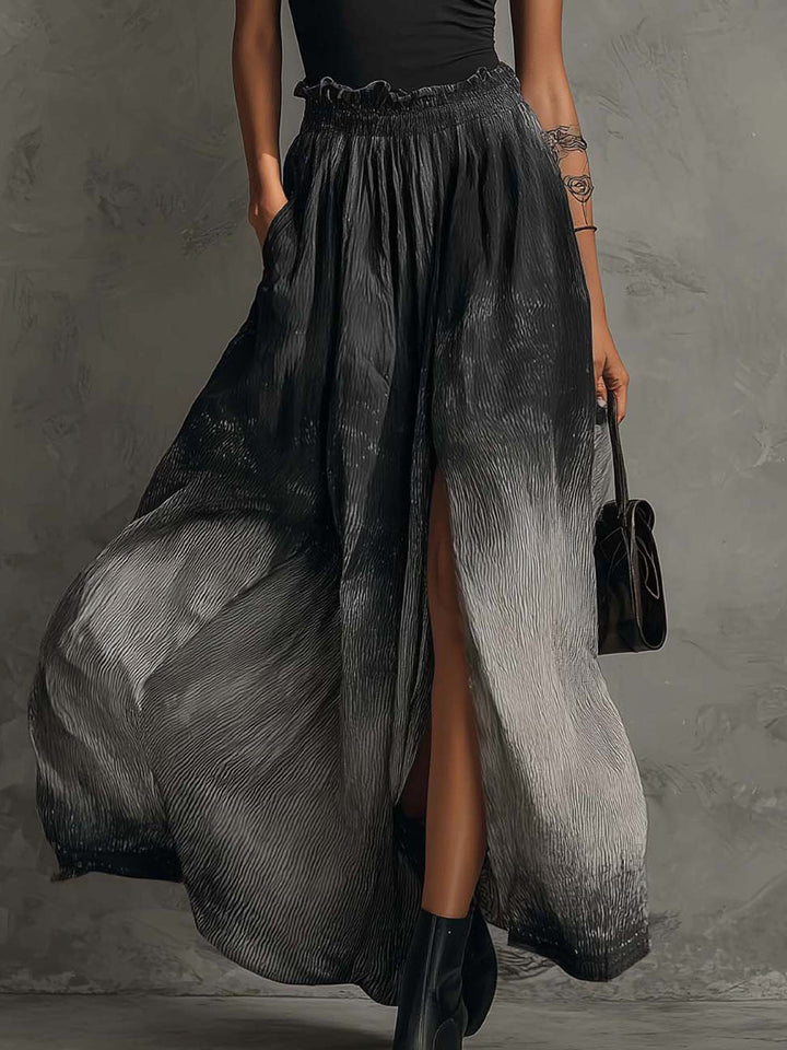 Black Off Shoulder Ruffle Top And Gradient Pleated Maxi Skirt Set