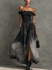 Black Off Shoulder Ruffle Top And Gradient Pleated Maxi Skirt Set