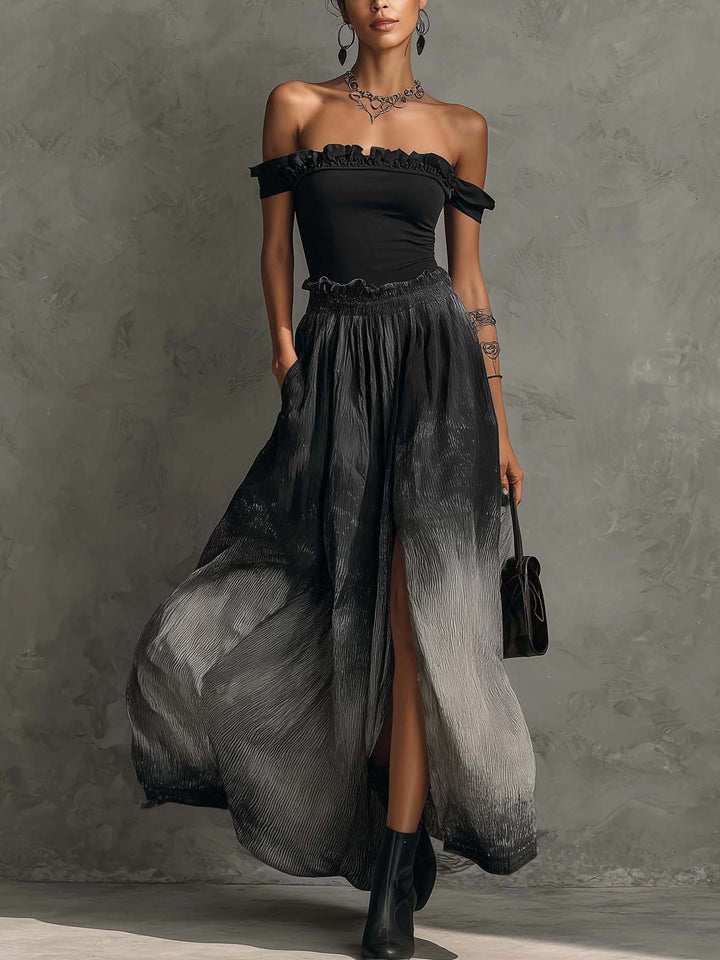 Black Off Shoulder Ruffle Top And Gradient Pleated Maxi Skirt Set