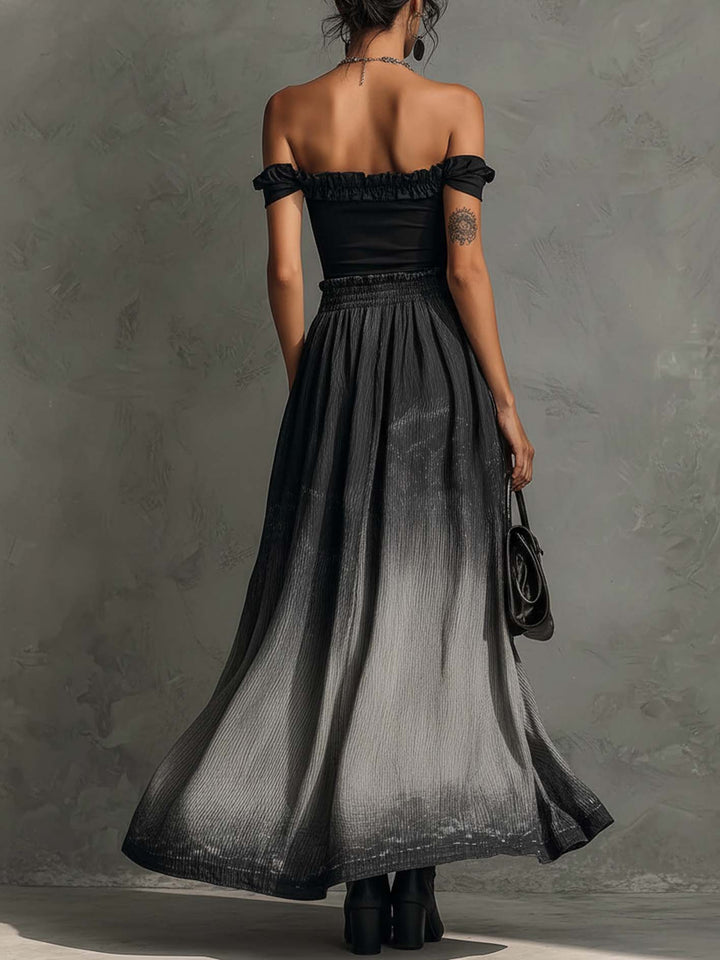 Black Off Shoulder Ruffle Top And Gradient Pleated Maxi Skirt Set