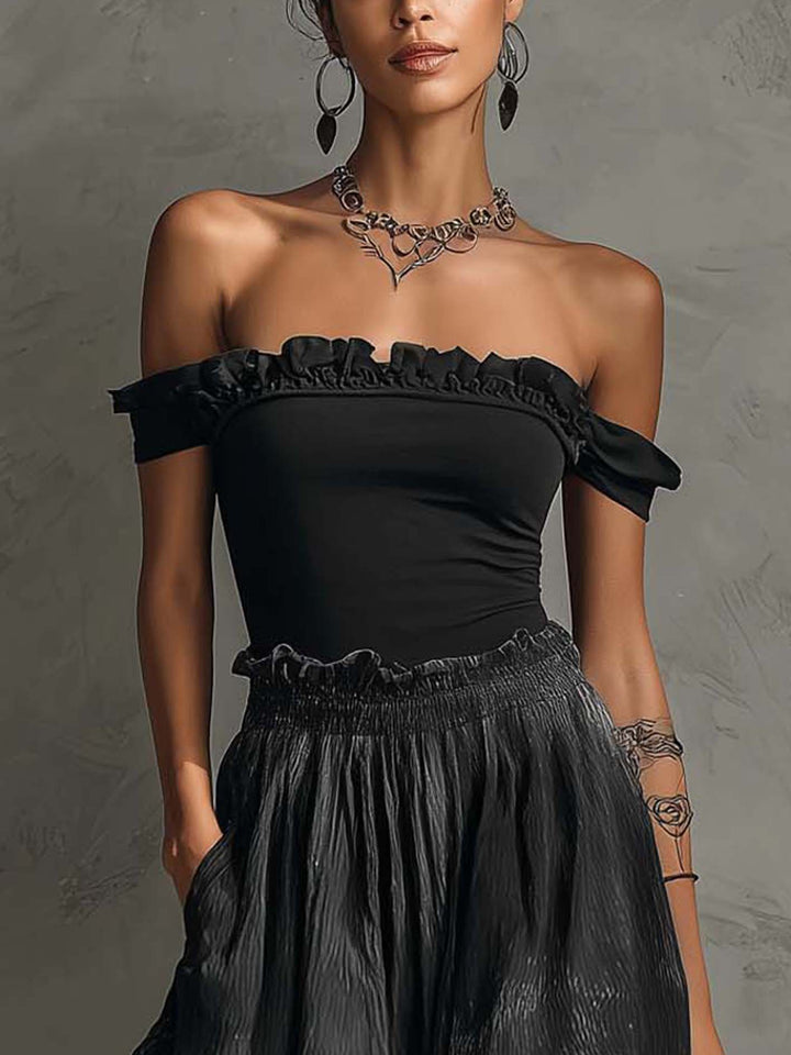 Black Off Shoulder Ruffle Top And Gradient Pleated Maxi Skirt Set