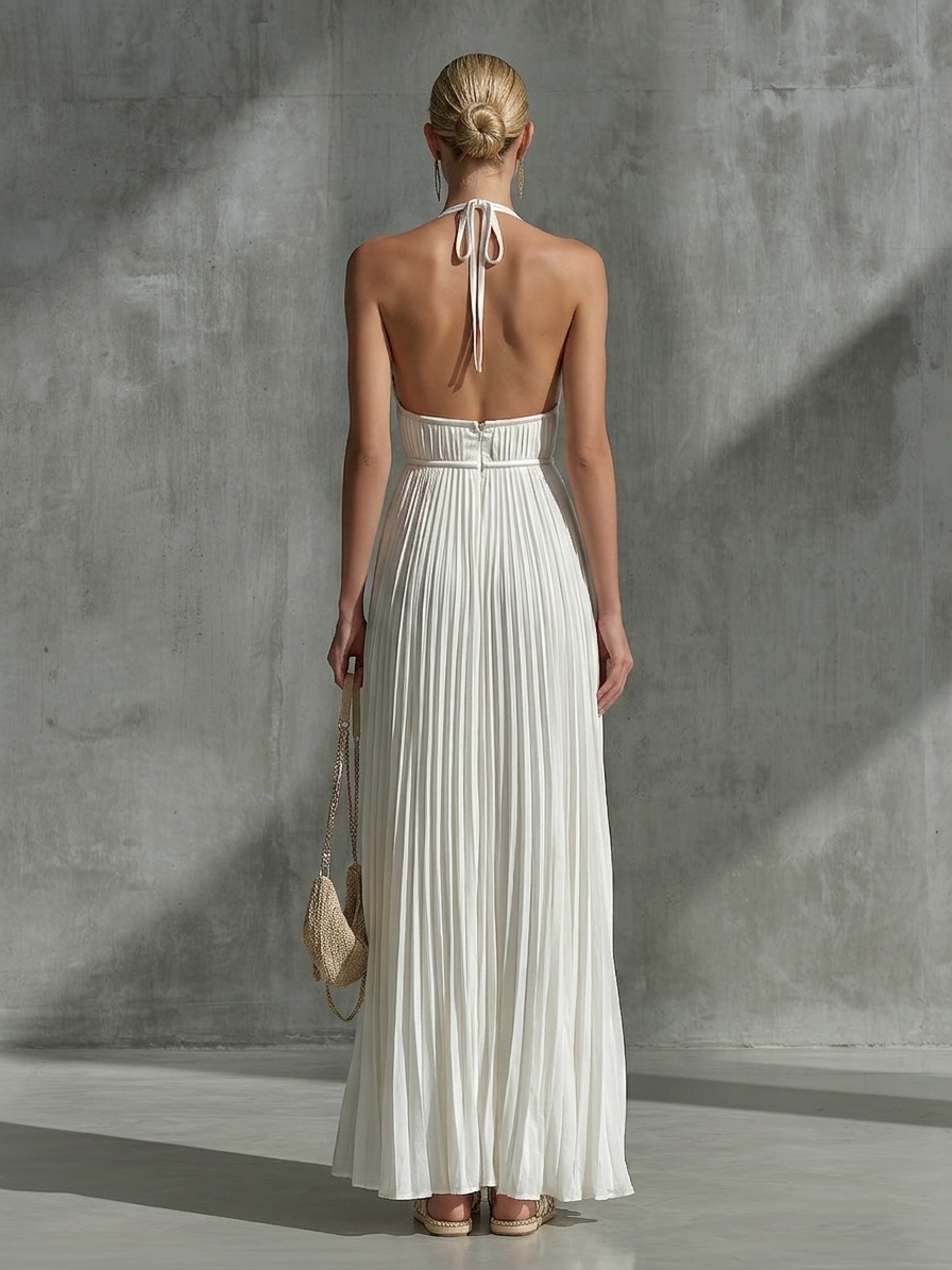 White Chiffon Pleated Halter Neck Sleeveless Fitted Waist A-line Maxi Dress
